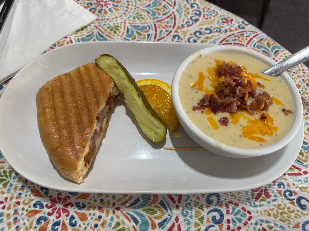 photo of meatloaf panini and potato soup 